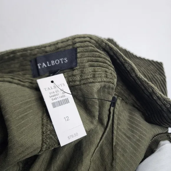 NWT Talbots Women's Olive Green Cotton Corduroy Work Short Preppy Skirt Size 12