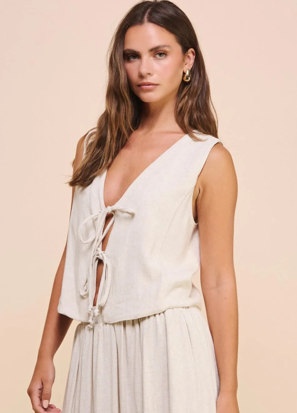 Oatmeal Tie Front Top