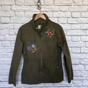 OLD NAVY Olive Green Floral Embroidered Jacket Sz S Chambray Field Cargo Boho