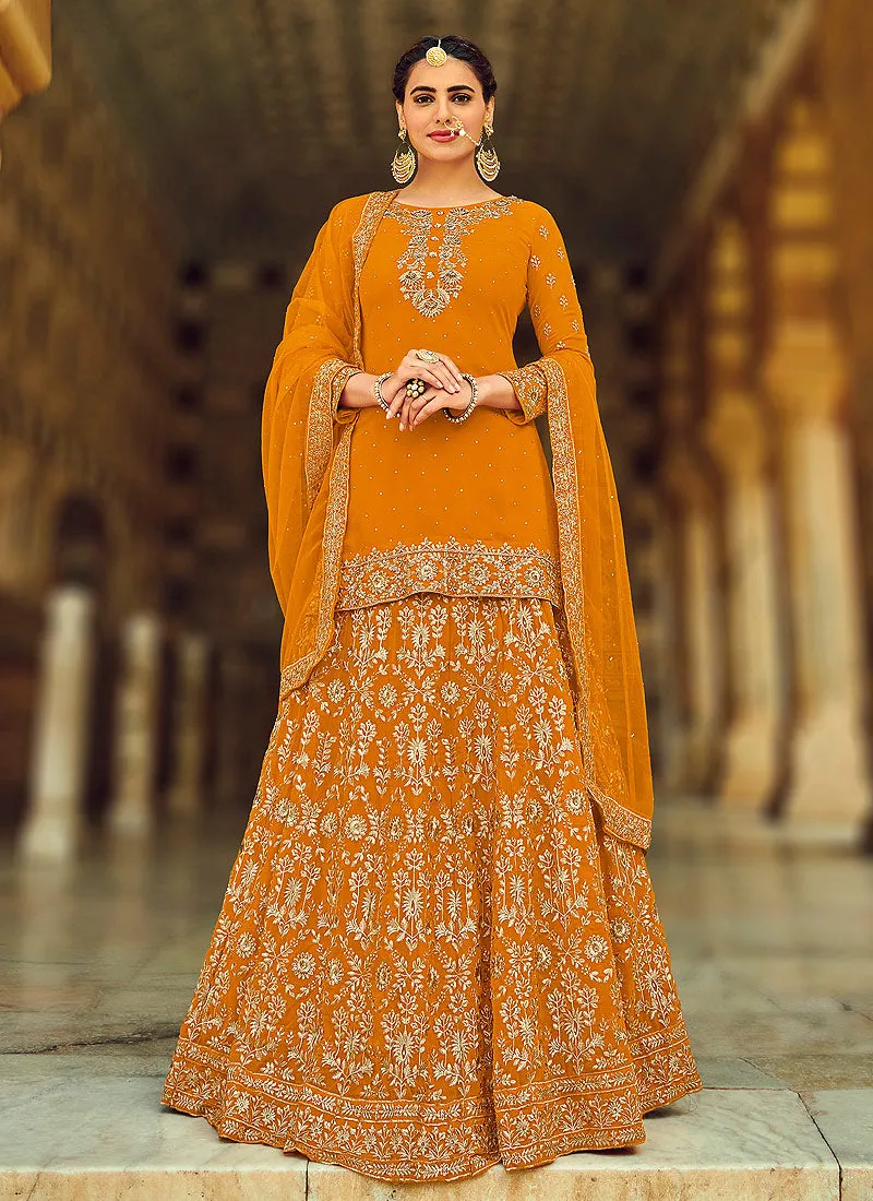 Orange Golden Zari Detailed Wedding Lehenga Kurti