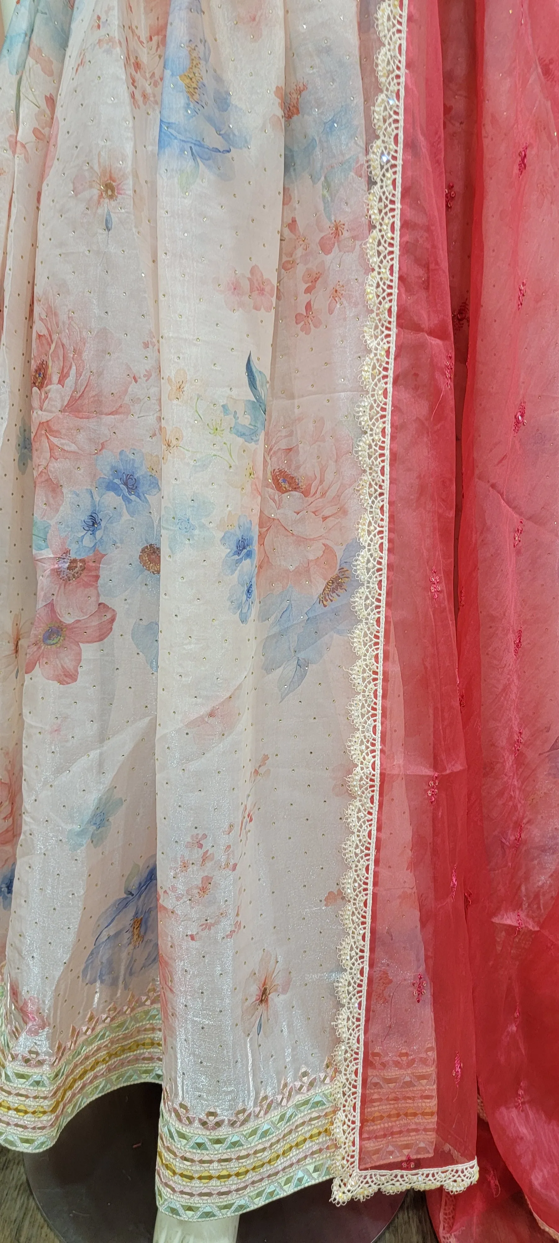 Organza Lehenga Set in Red and Pink