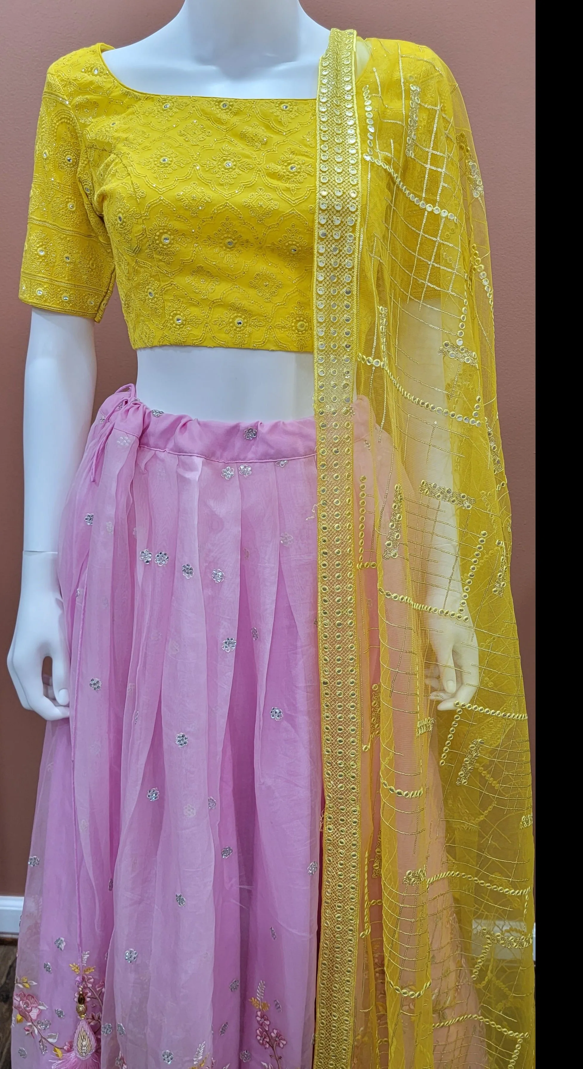 Organza Lehenga Set in Yellow and Pink
