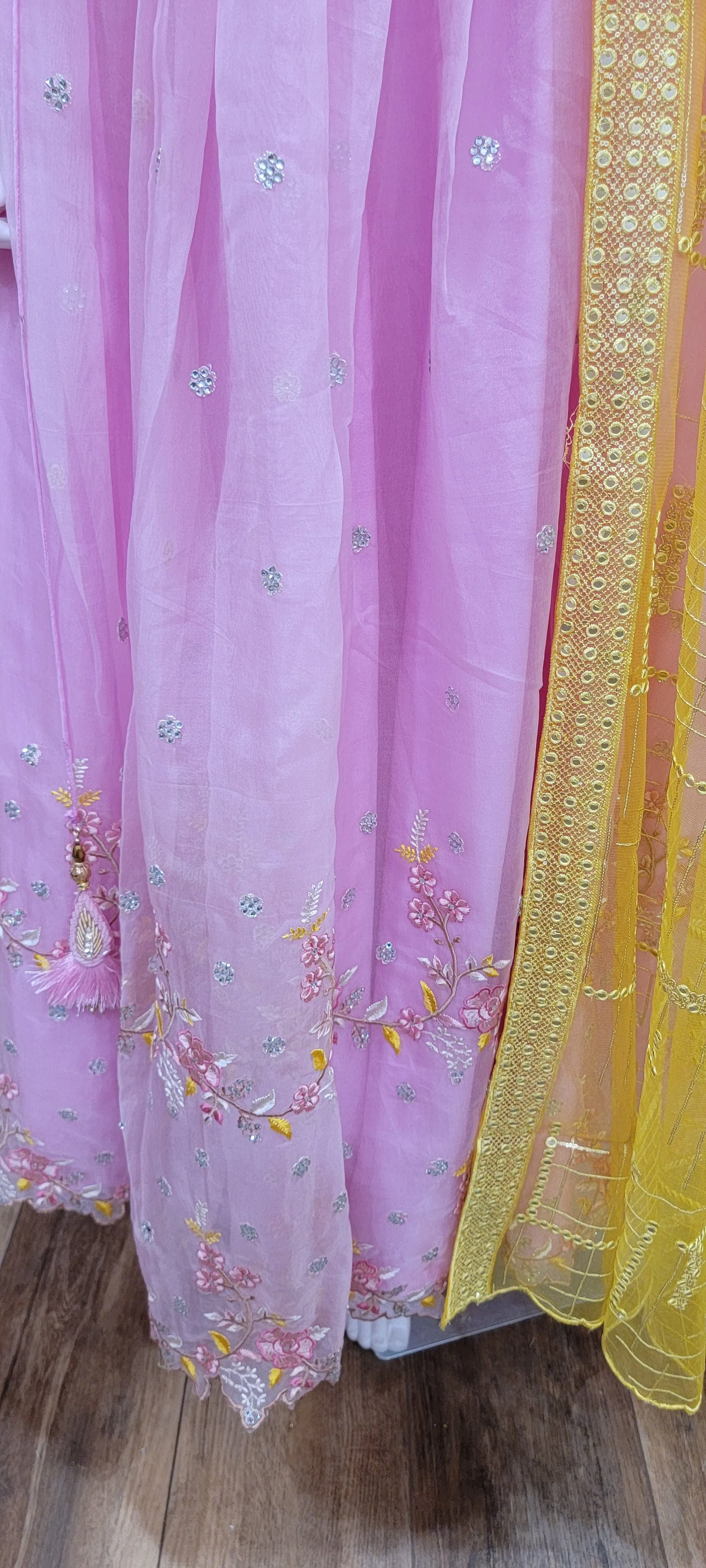 Organza Lehenga Set in Yellow and Pink