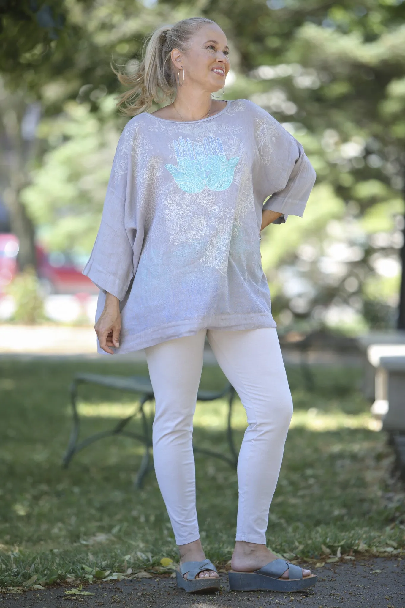 Oversized Square Linen Top Gray Lavender  L594-P
