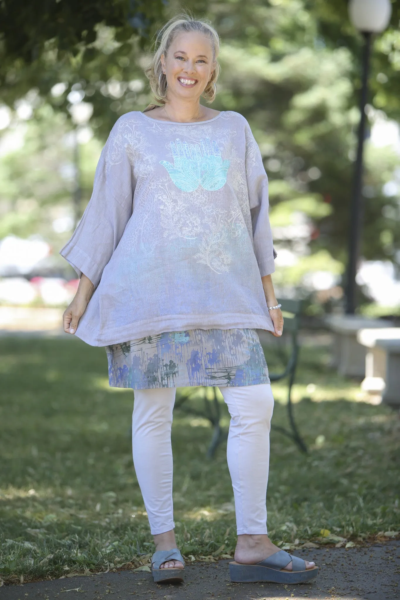 Oversized Square Linen Top Gray Lavender  L594-P