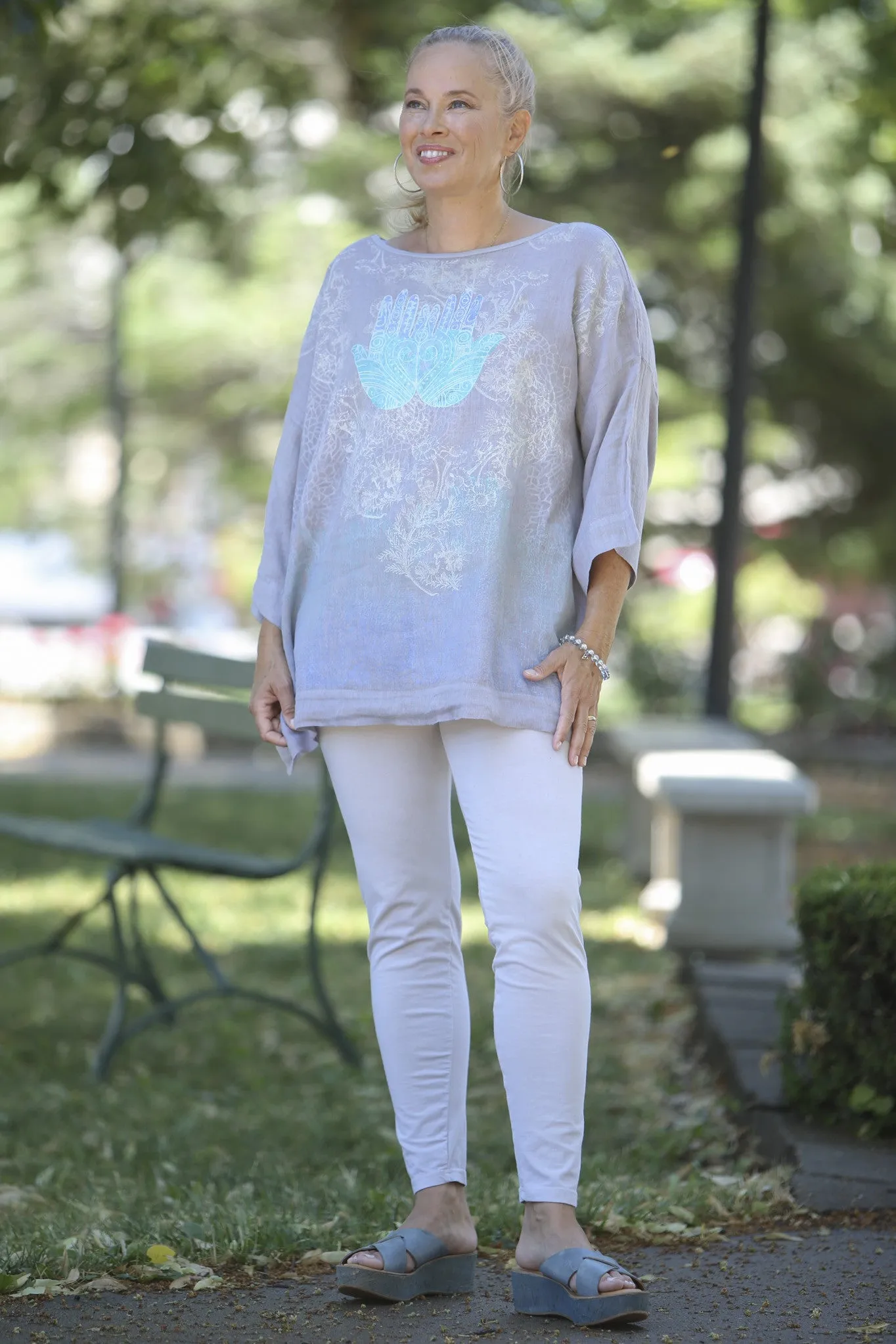 Oversized Square Linen Top Gray Lavender  L594-P