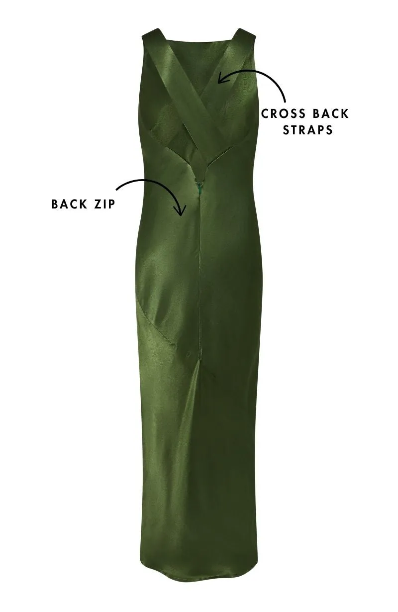 Paris Dress in Olive Green Viscose Satin