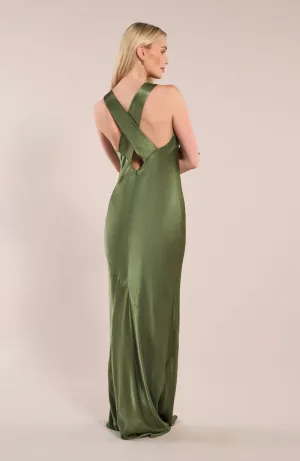 Paris Dress in Olive Green Viscose Satin