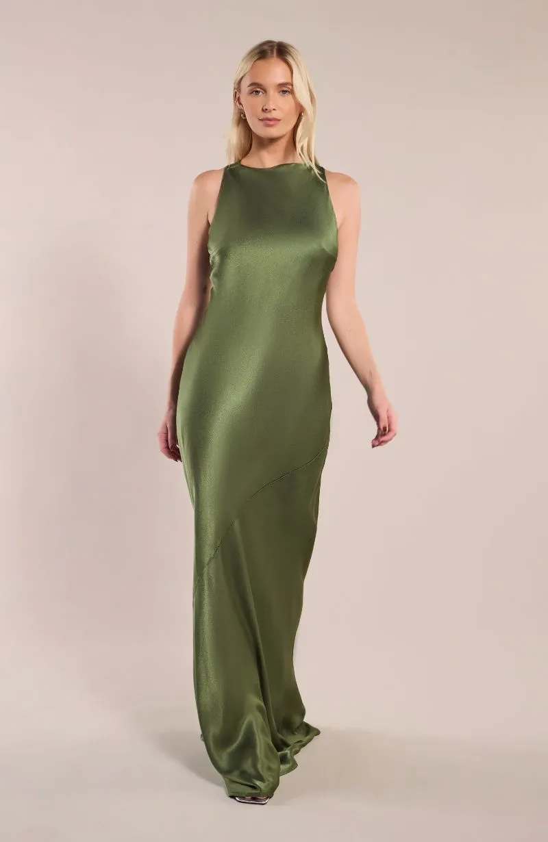 Paris Dress in Olive Green Viscose Satin