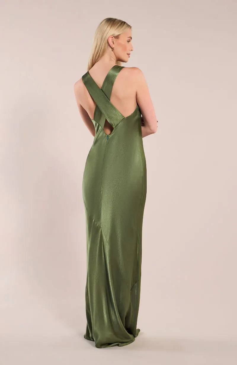 Paris Dress in Olive Green Viscose Satin