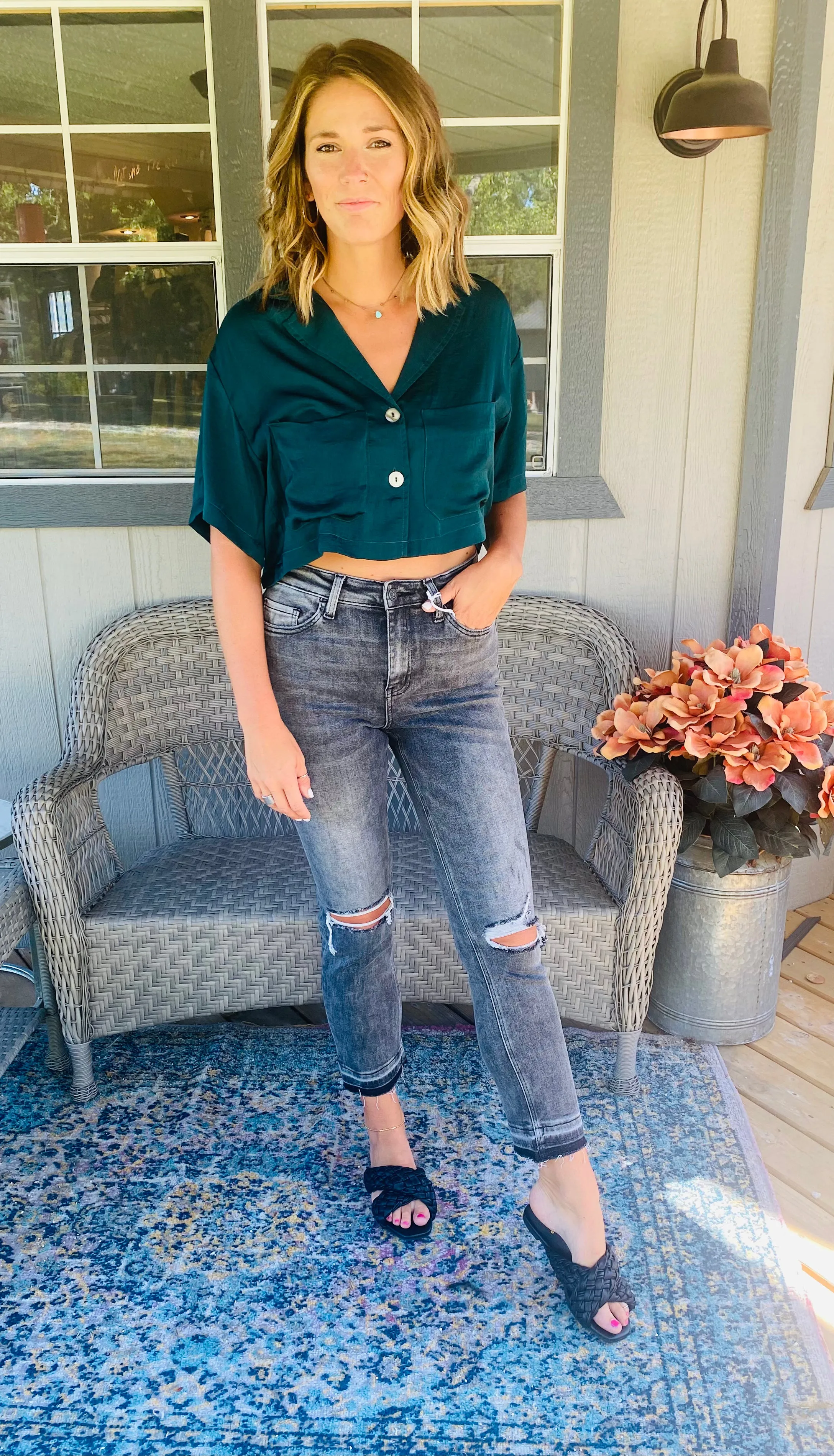 Pine Silk Button Up Crop