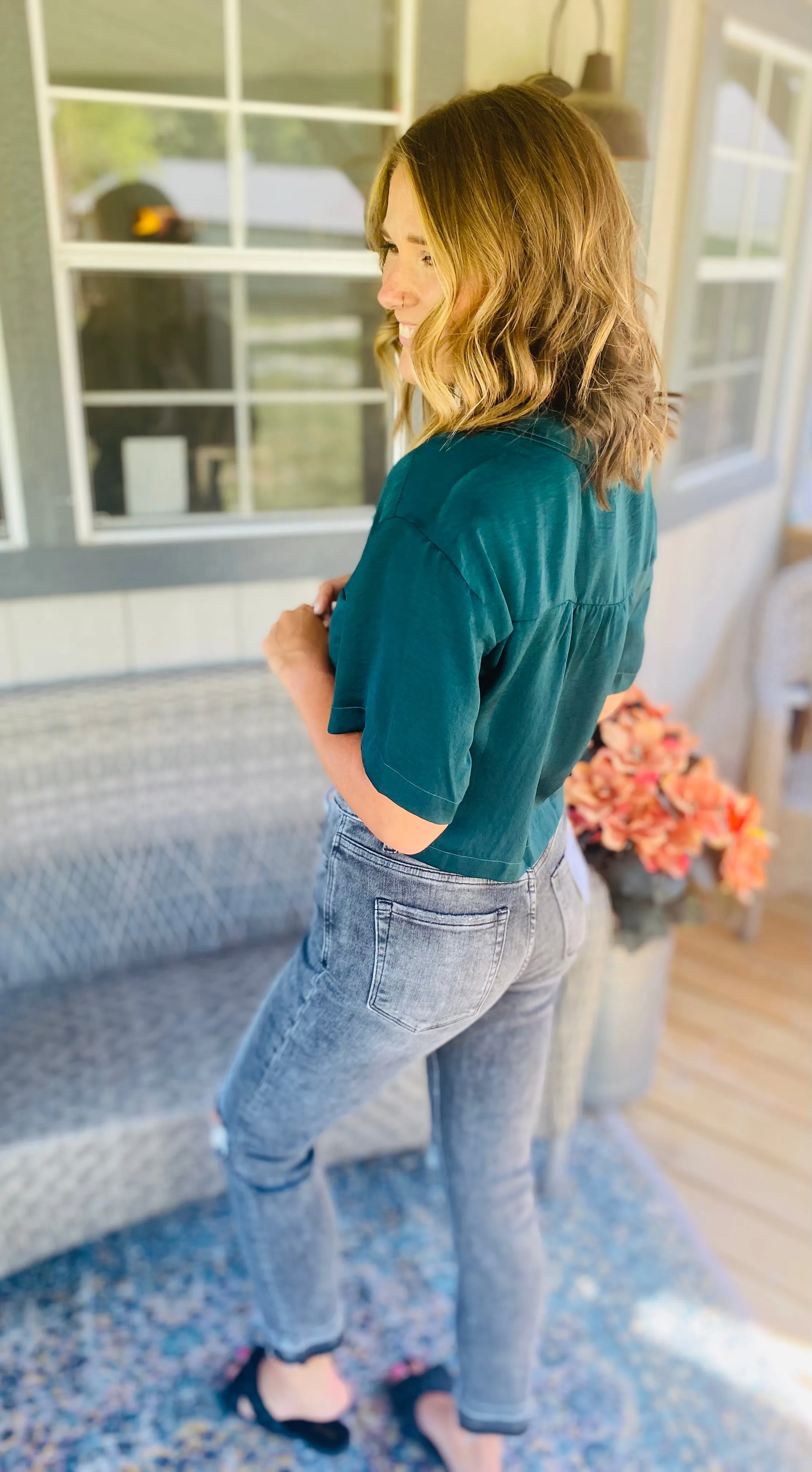 Pine Silk Button Up Crop
