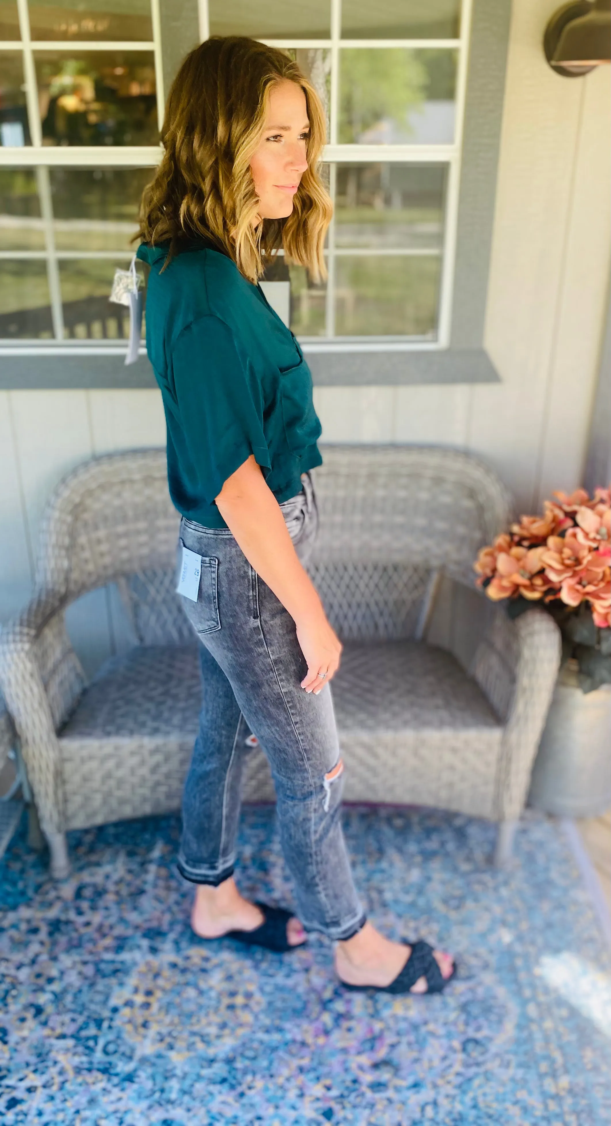 Pine Silk Button Up Crop