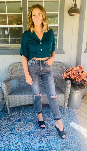 Pine Silk Button Up Crop