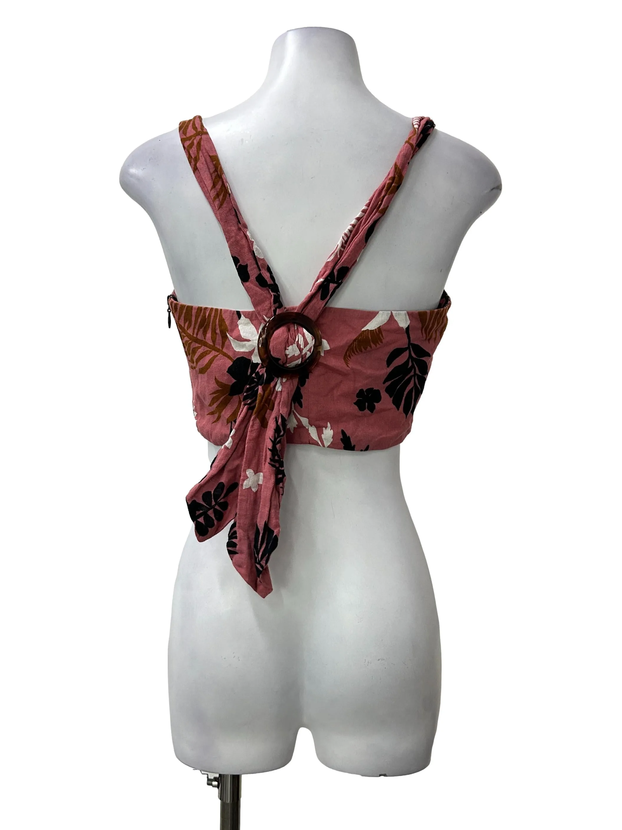 Pink Floral Linen Cropped Top