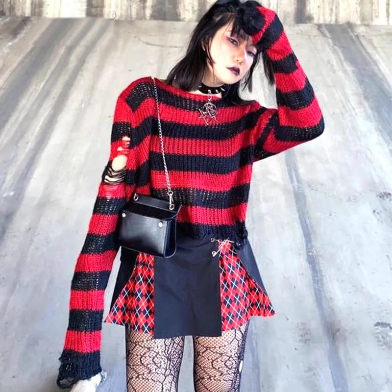 Punk Gothic Short Striped Hollow Sweater