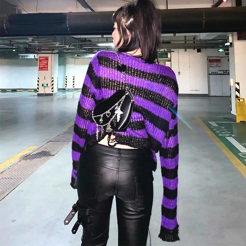 Punk Gothic Short Striped Hollow Sweater