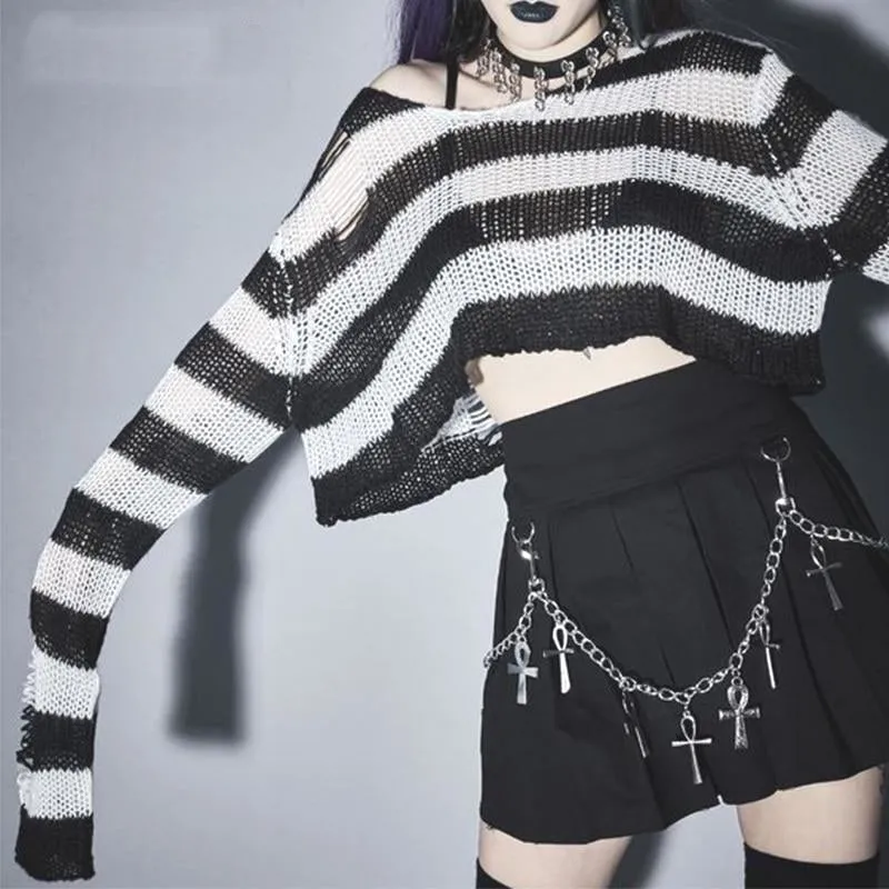 Punk Gothic Short Striped Hollow Sweater