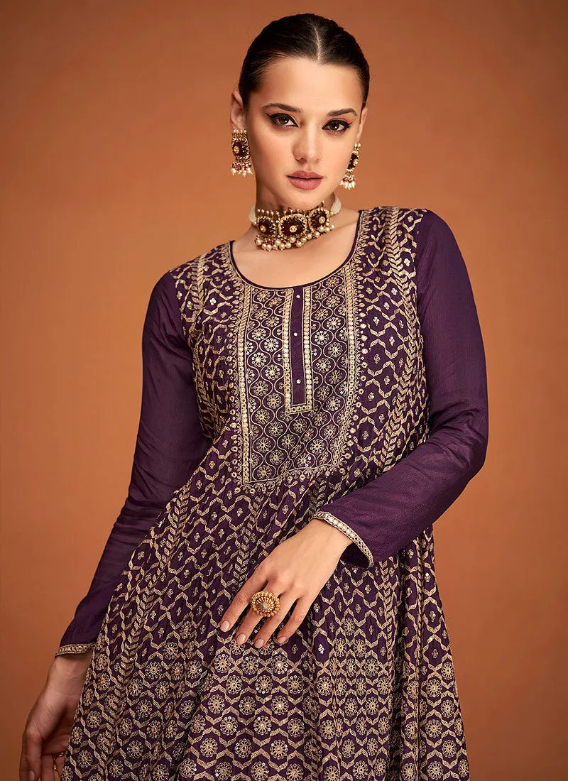 Purple Gold Embroidered Sharara Style Suit