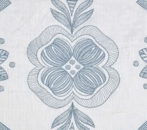 Quadrille Fabrics- Folkstone Embroidery - Ice Blue on White Linen