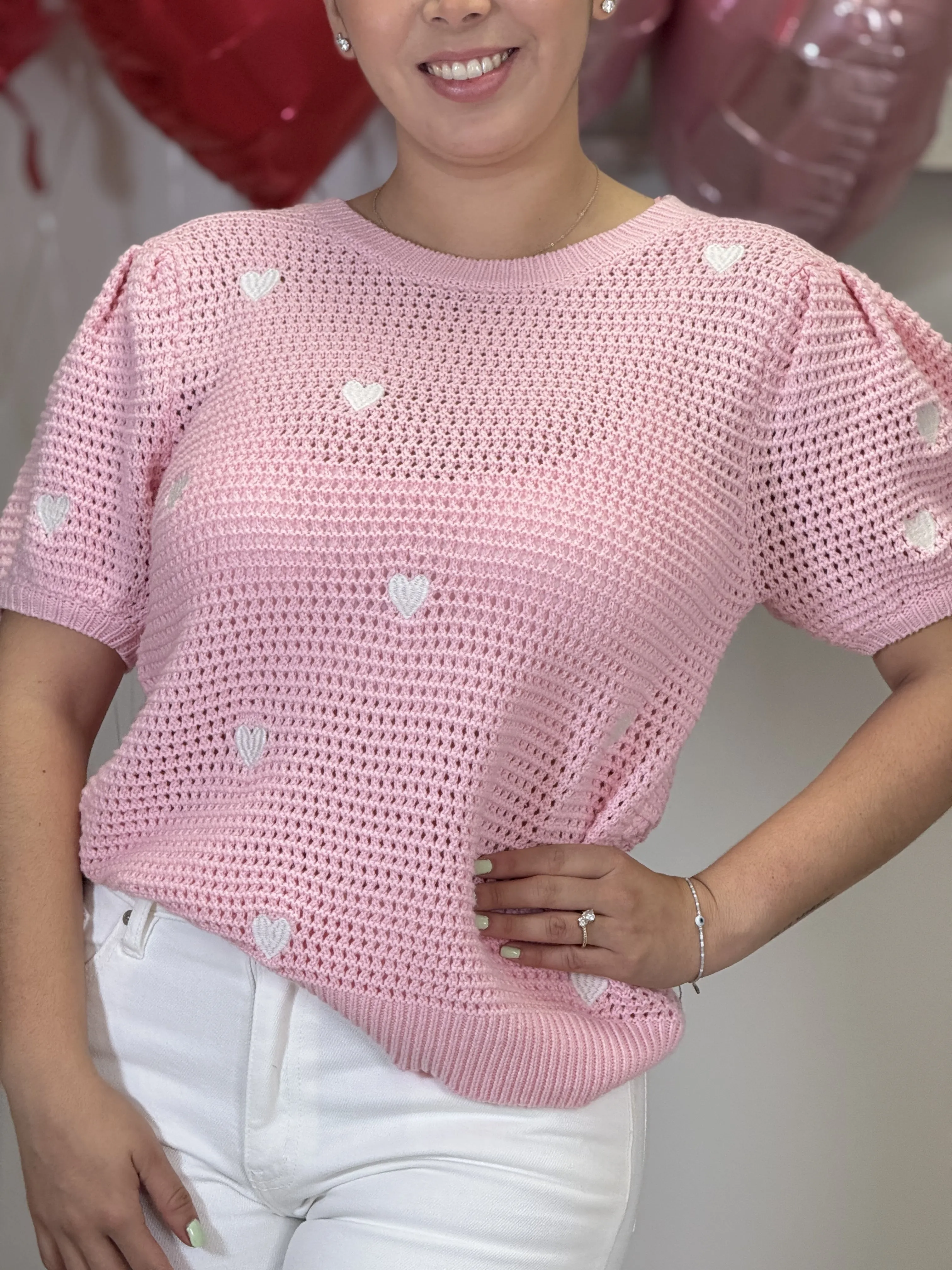 "Diana" Short Sleeve Hearts Details Knit Sweater