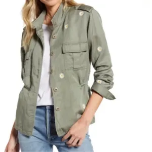 Rails Sahara Daisy Embroidered Linen and Tencel Utility Green Jacket Sz S