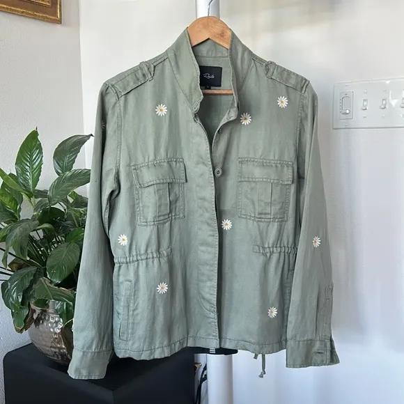 Rails Sahara Daisy Embroidered Linen and Tencel Utility Green Jacket Sz S