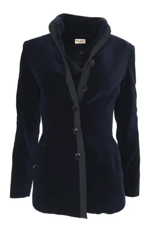 Rare Fall 1989 Azzedine Alaia Blue Velvet Runway Jacket w Black Trim