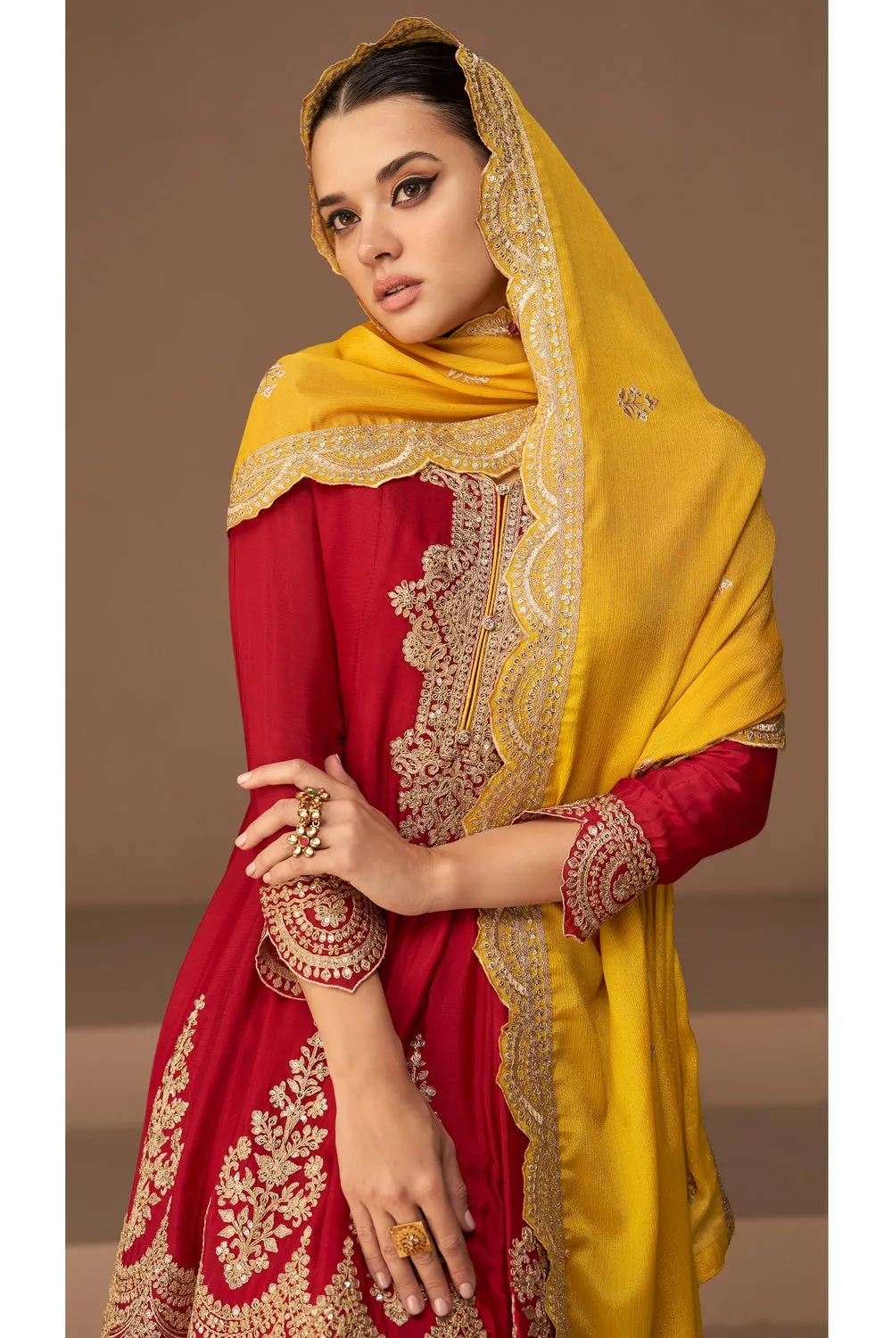 Red Chinnon Silk Embroidery Work Salwar Suit