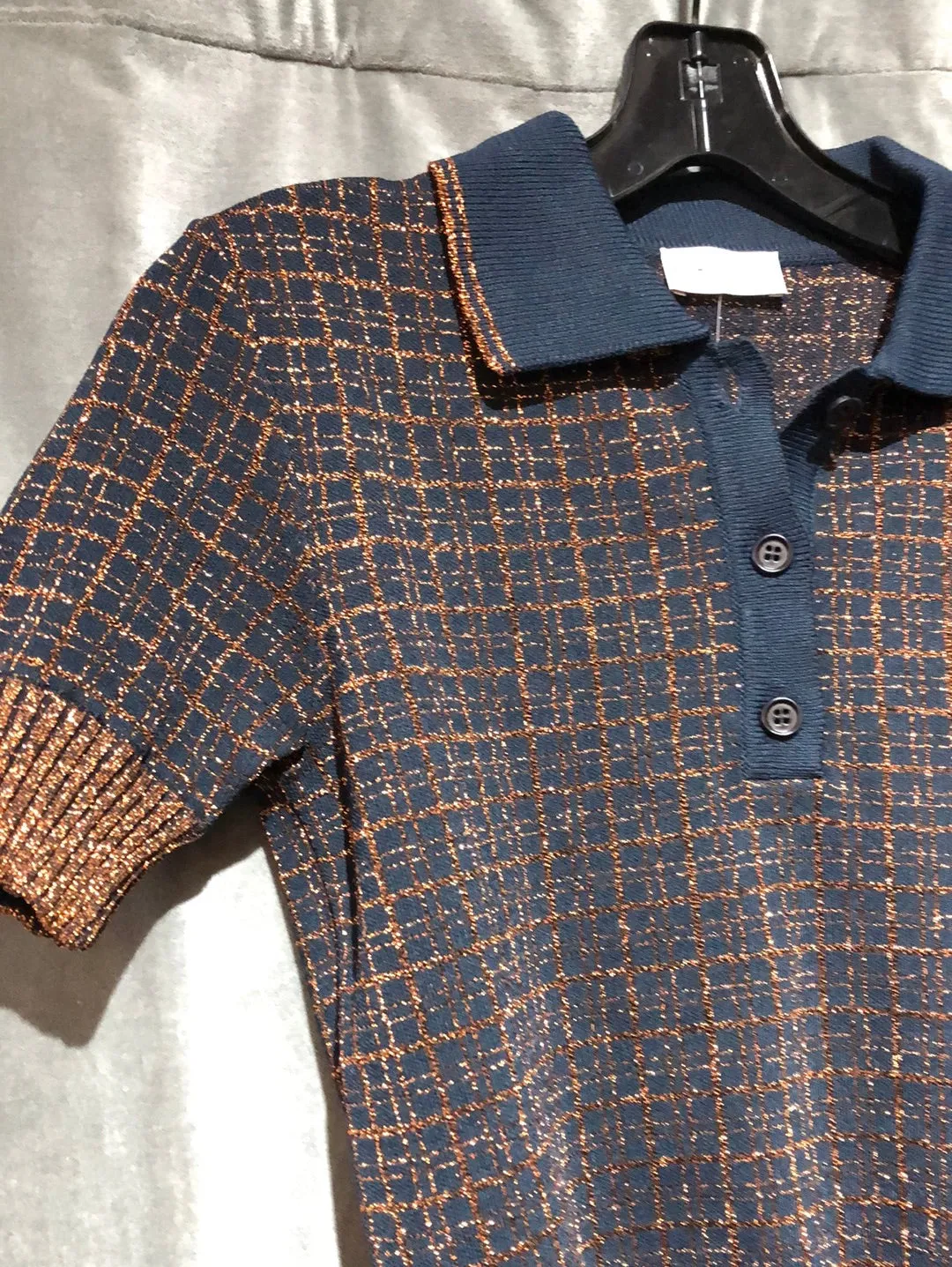 Red Valentino Navy and Bronze Collared Knit Short Sleeve Sweater