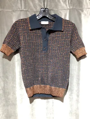 Red Valentino Navy and Bronze Collared Knit Short Sleeve Sweater