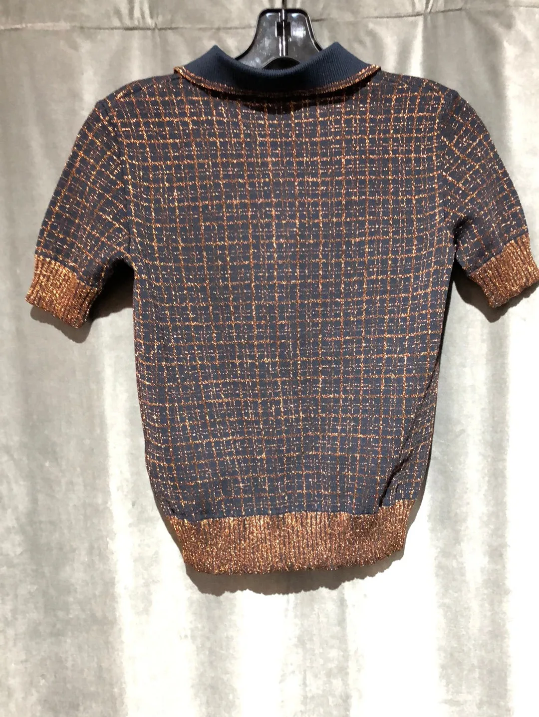 Red Valentino Navy and Bronze Collared Knit Short Sleeve Sweater