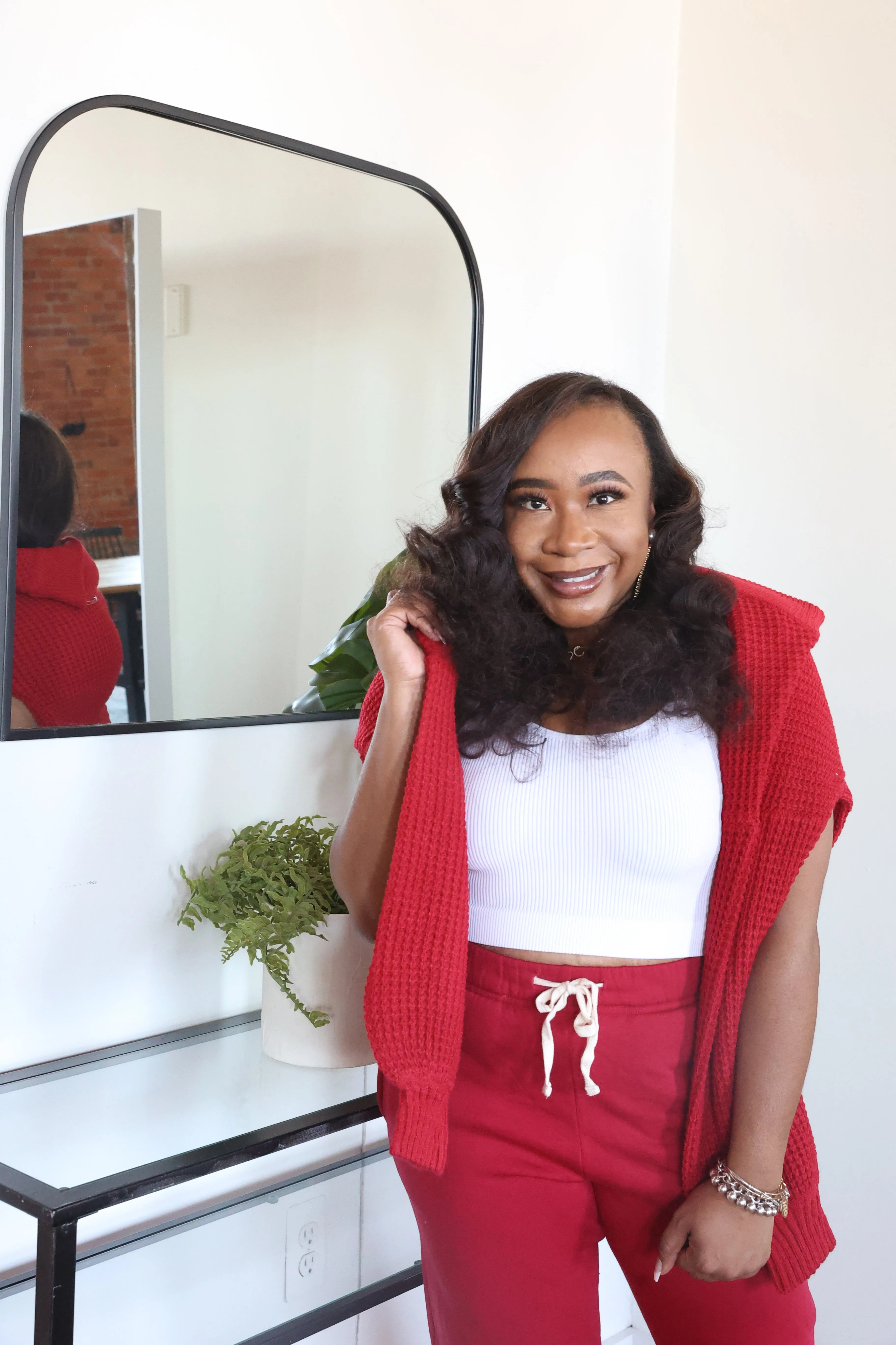Red Waffle Knit V-neck Sweater