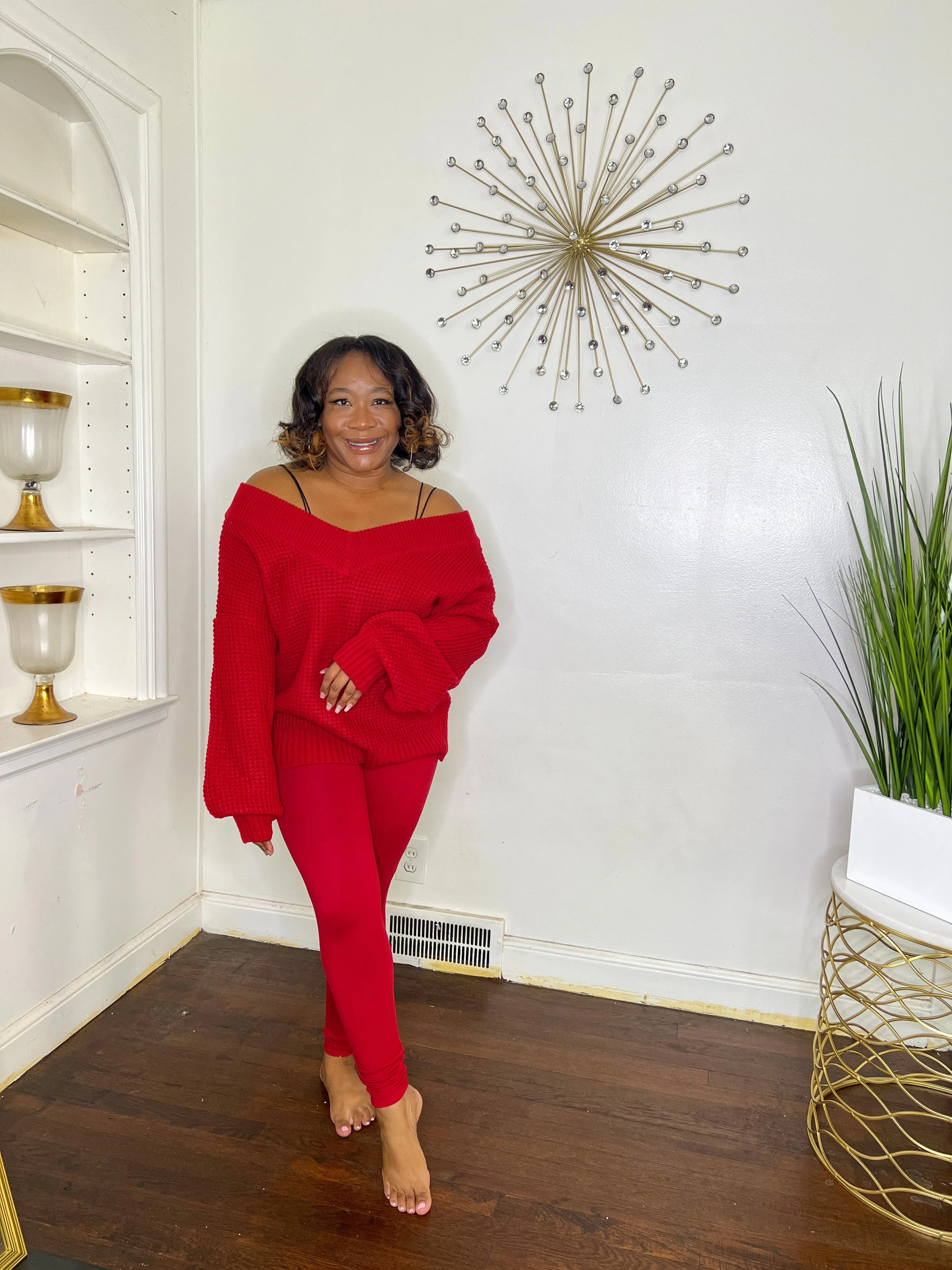 Red Waffle Knit V-neck Sweater