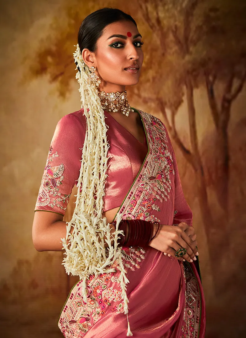 Rose Pink Multi Embroidery Banarasi Kanjivaram Silk Saree