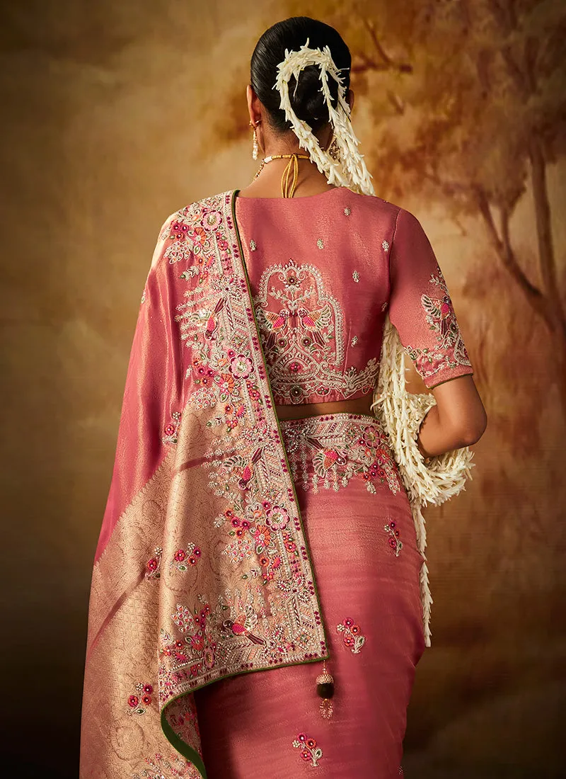 Rose Pink Multi Embroidery Banarasi Kanjivaram Silk Saree