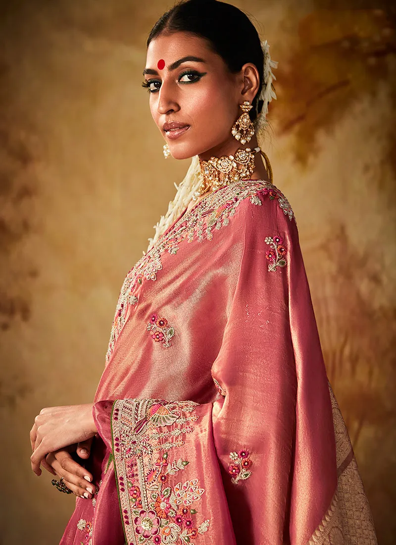 Rose Pink Multi Embroidery Banarasi Kanjivaram Silk Saree