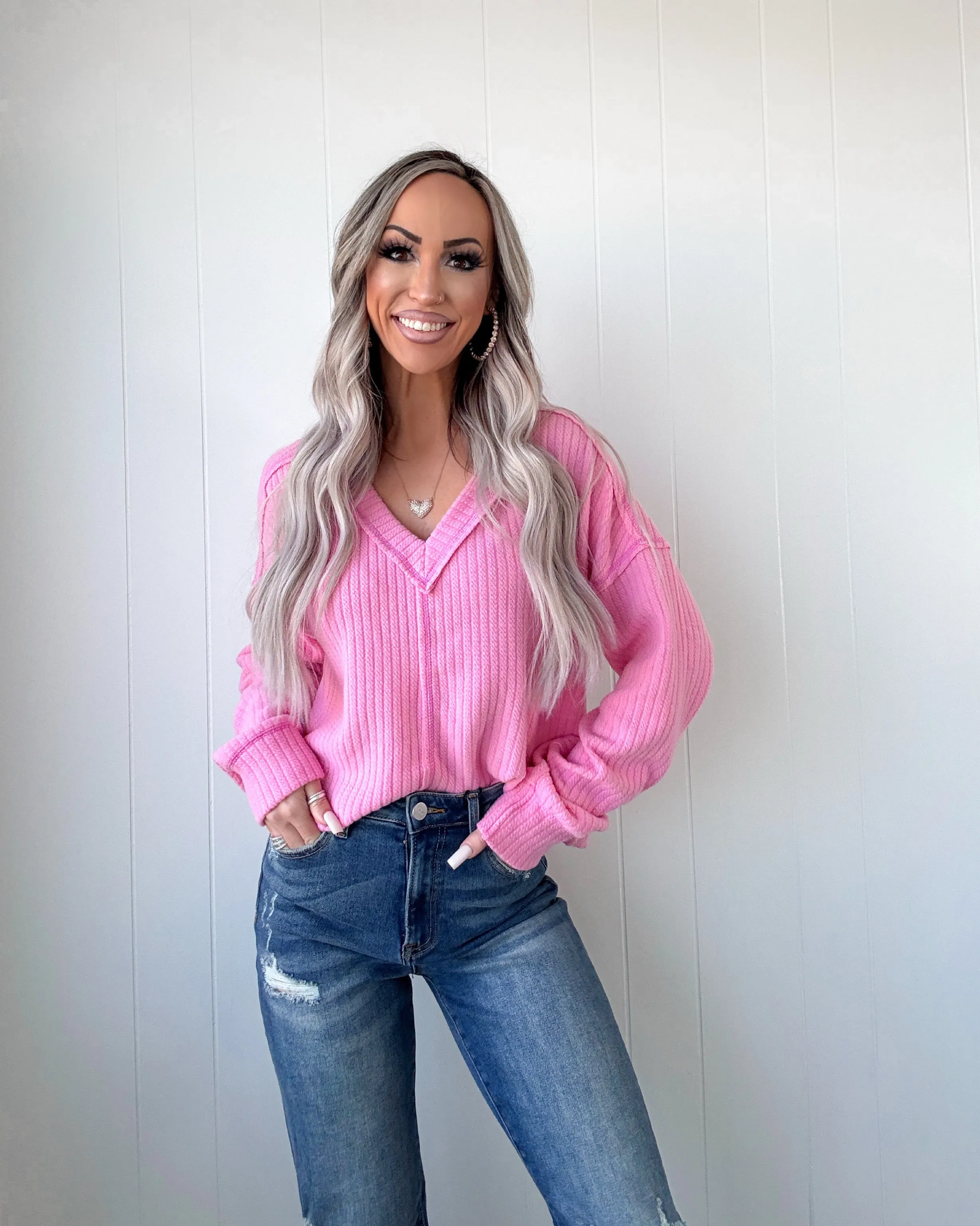 Rosy Meadows V-Neck Sweater - Pink