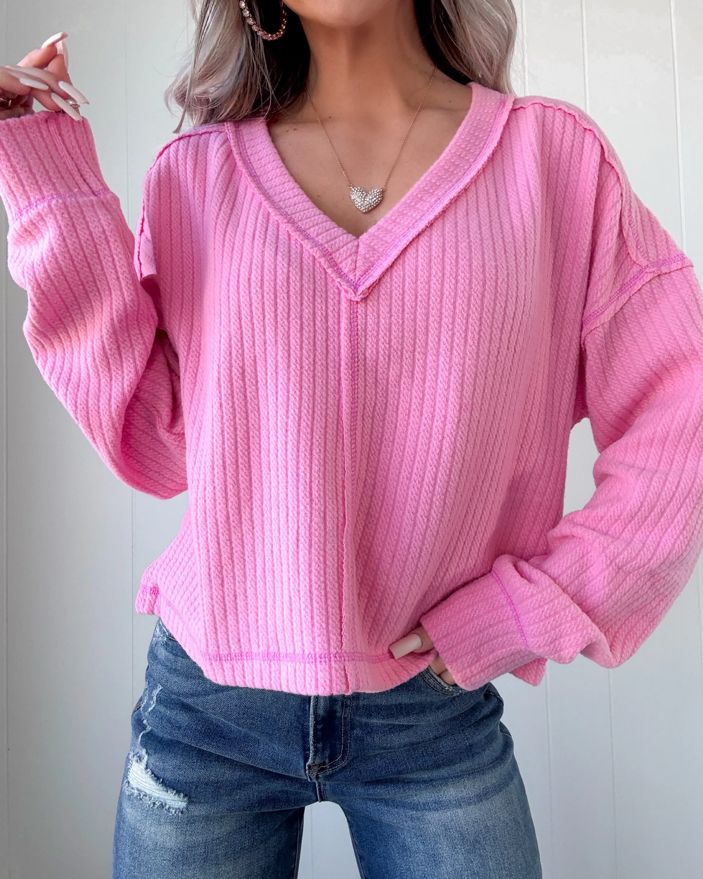 Rosy Meadows V-Neck Sweater - Pink