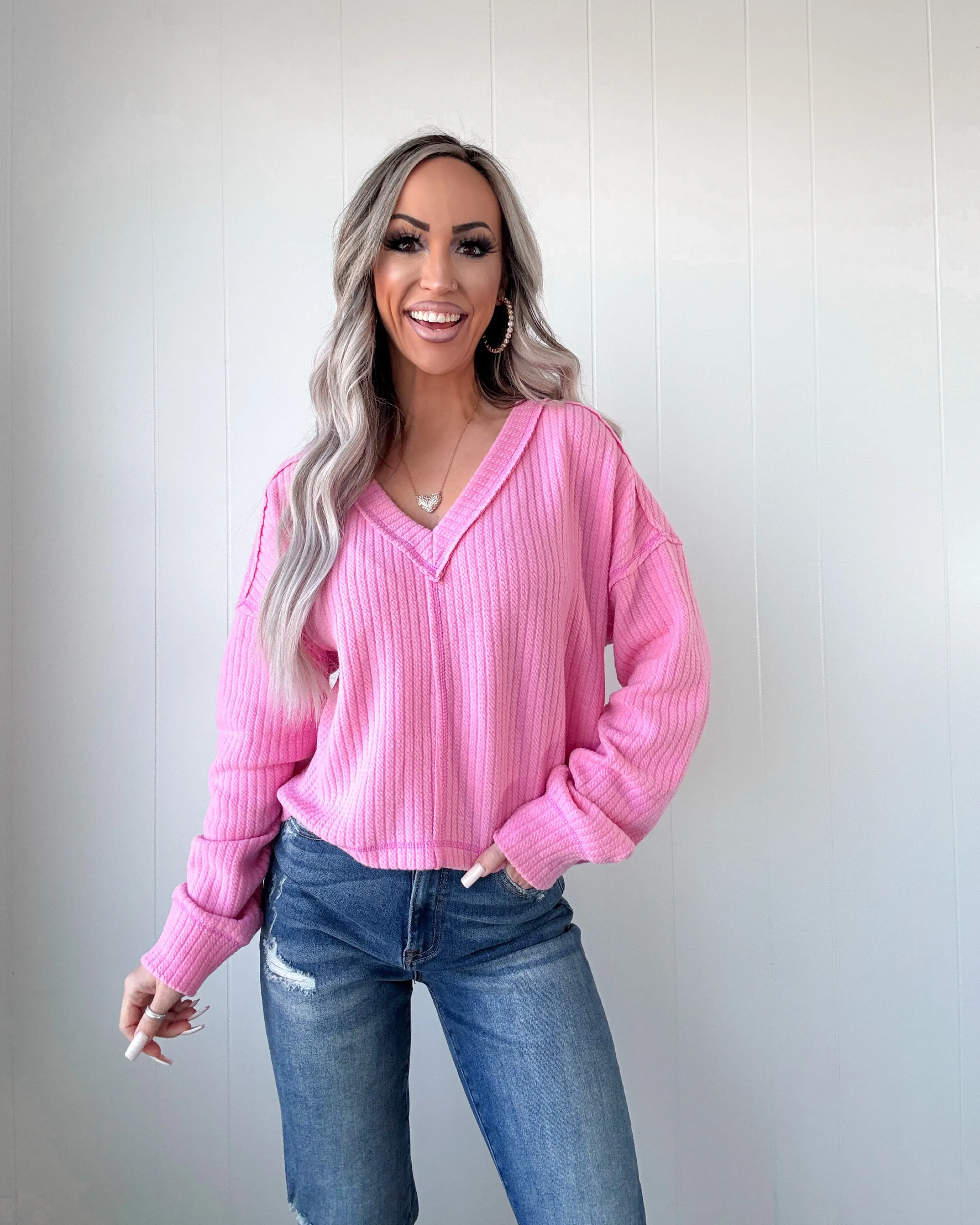 Rosy Meadows V-Neck Sweater - Pink