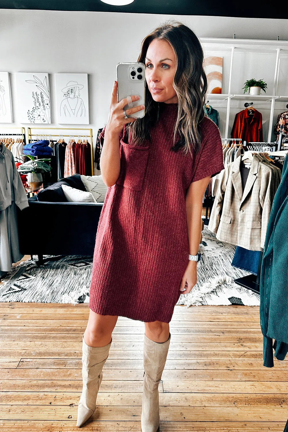 Ruby Patch Pocket Ribbed Knit Short Sleeve Sweater Dress