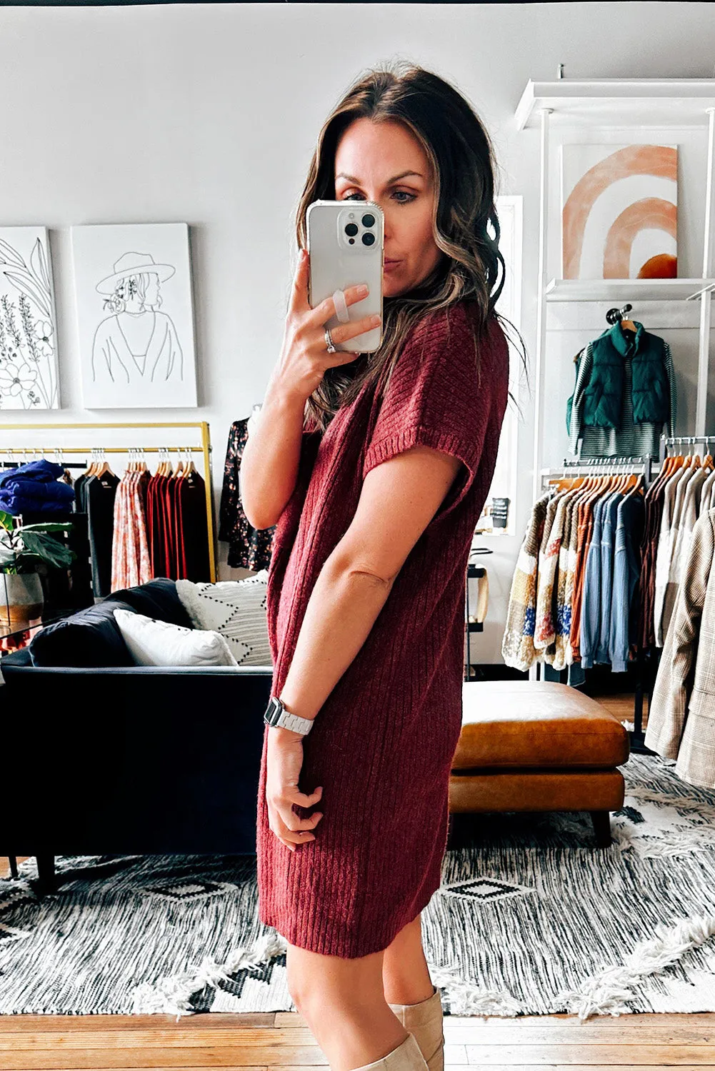 Ruby Patch Pocket Ribbed Knit Short Sleeve Sweater Dress