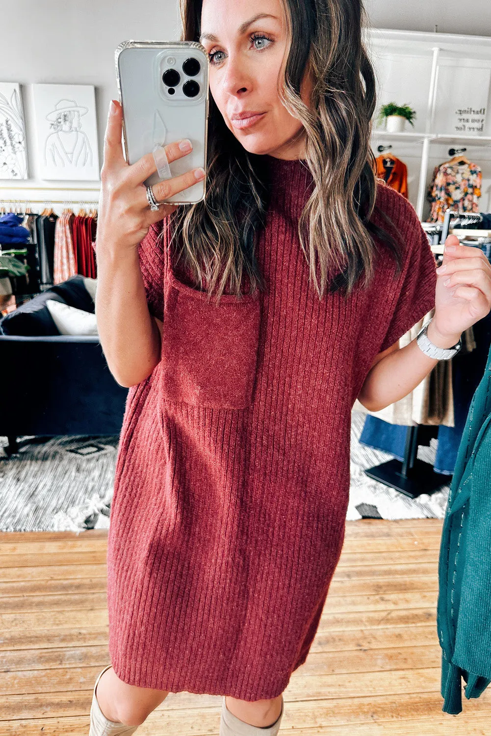 Ruby Patch Pocket Ribbed Knit Short Sleeve Sweater Dress