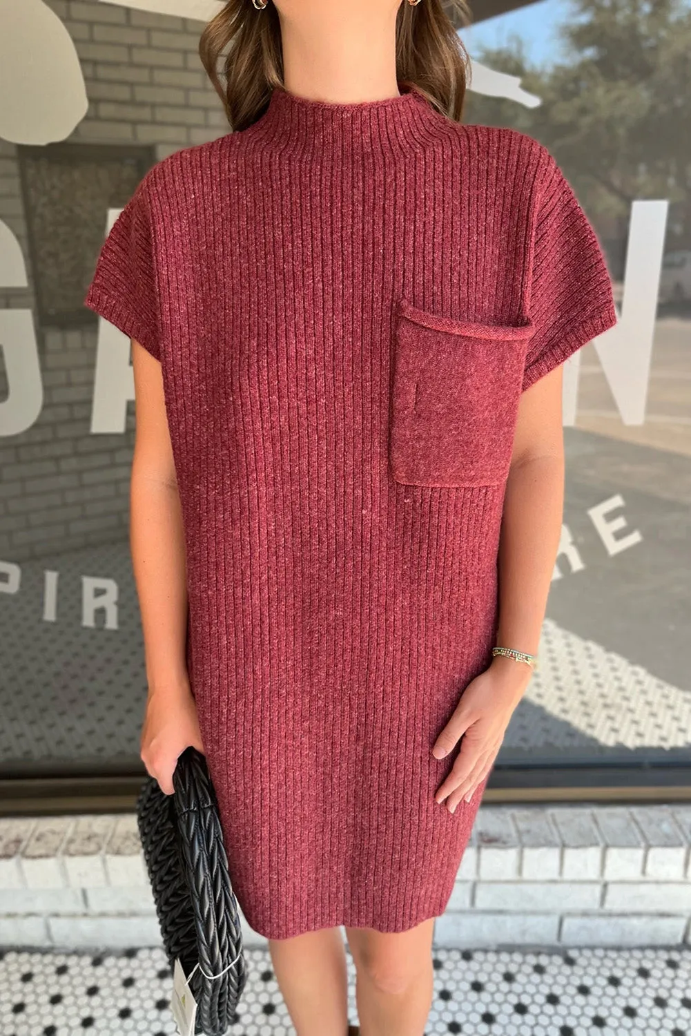 Ruby Patch Pocket Ribbed Knit Short Sleeve Sweater Dress