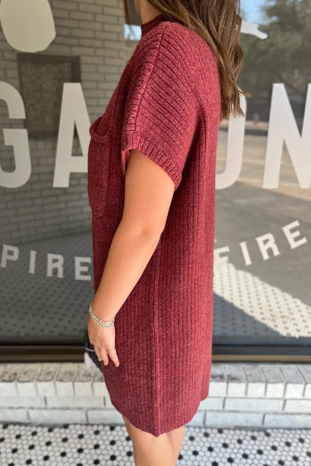Ruby Patch Pocket Ribbed Knit Short Sleeve Sweater Dress