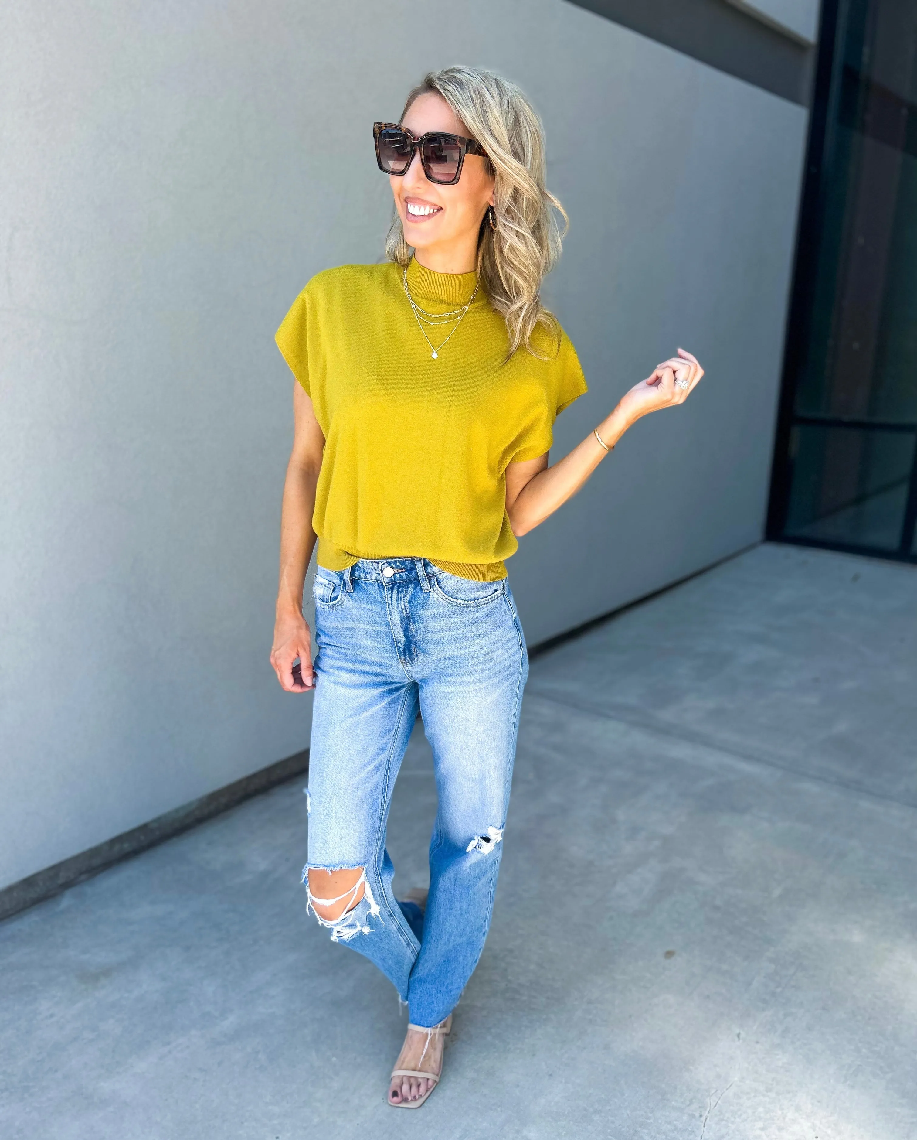 Sadei Mock Neck Short Sleeve Sweater Top (Pistachio)