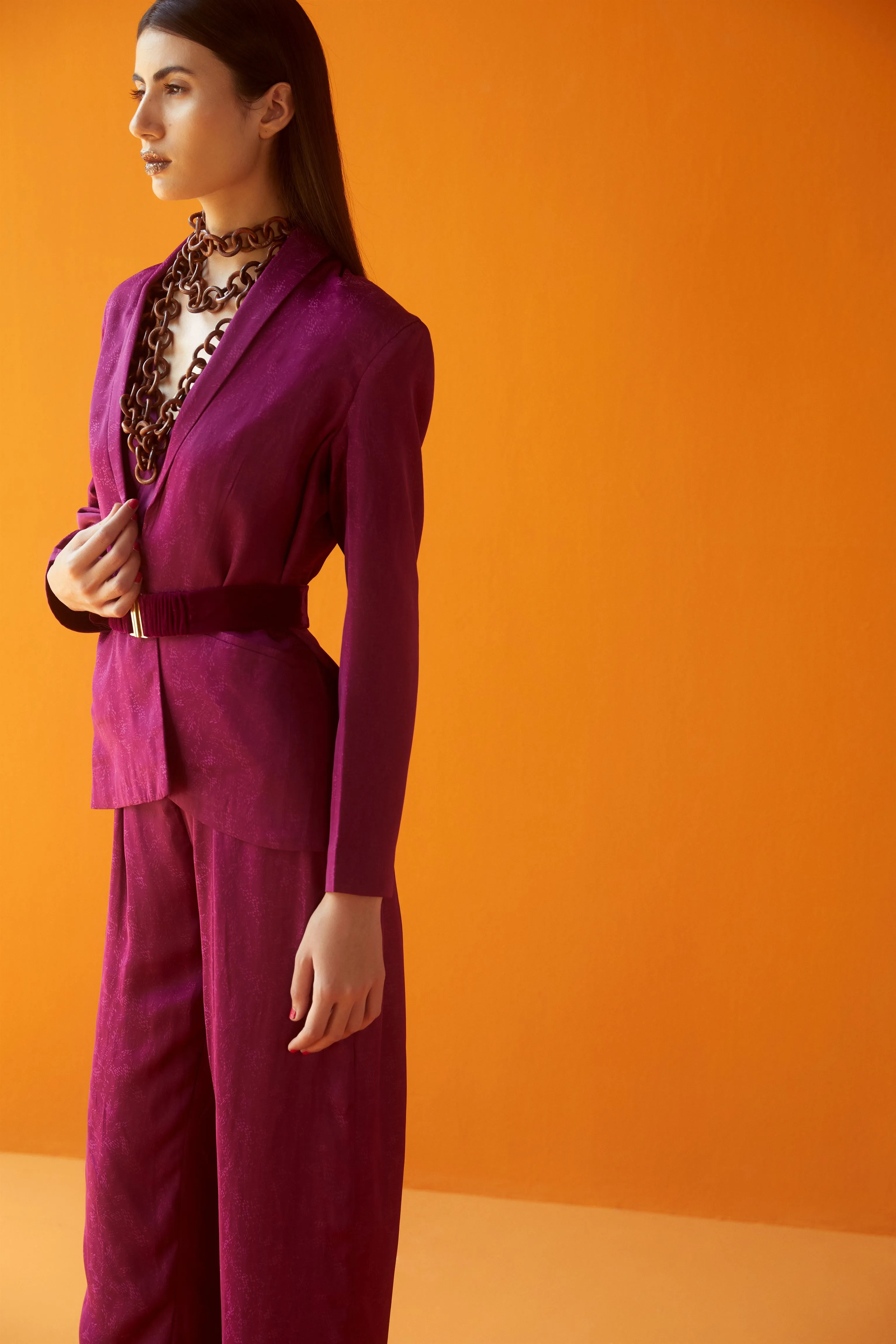 Sakshi Khetterpal  I  Pant-Suit Set Pant  Blazer   Bralette With Belt= 3Pcs Rasberry Radiance SK-045 A/W2024 Seasons