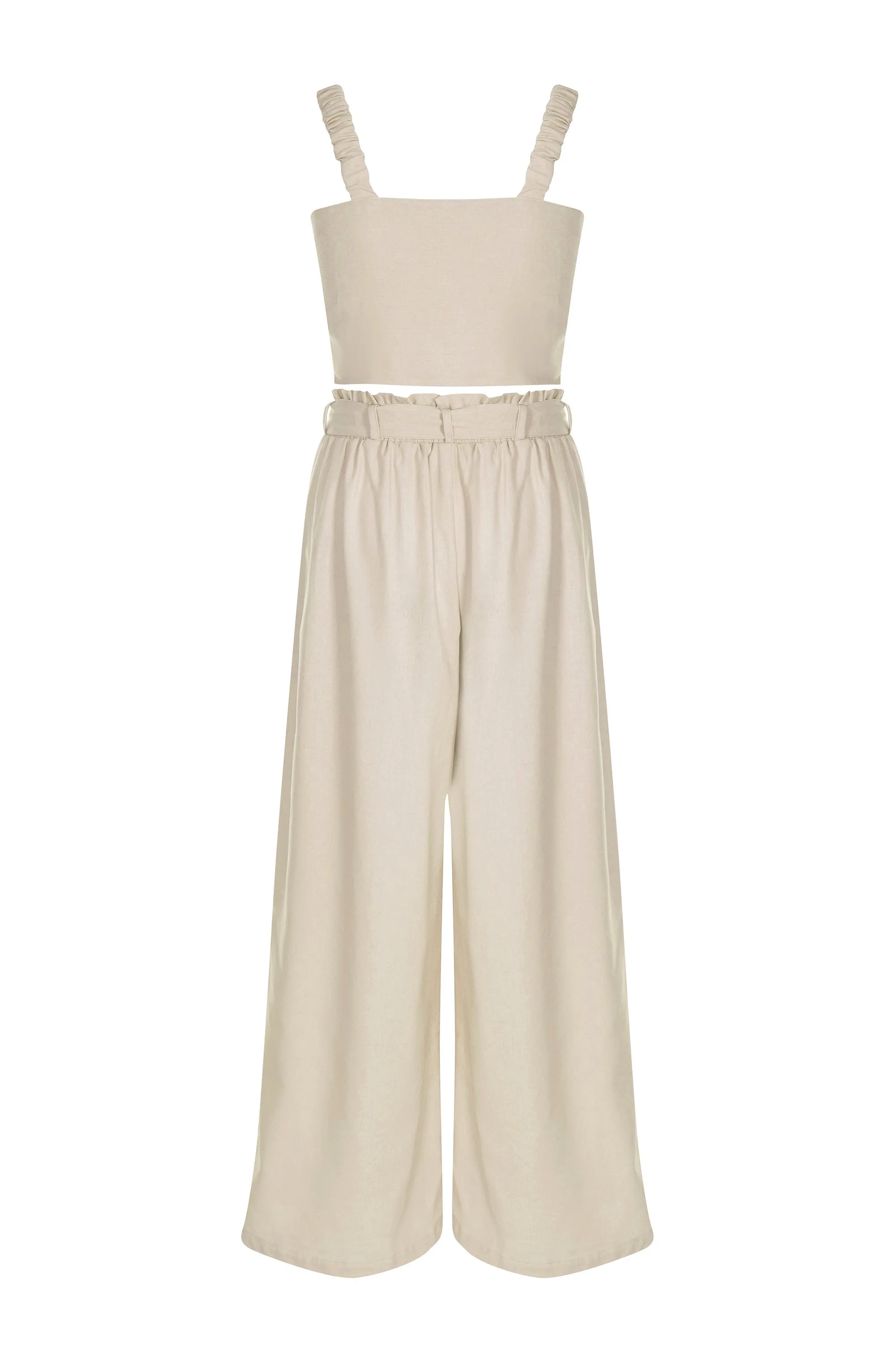 Sand - Linen Ruched Sleeve Tie Top