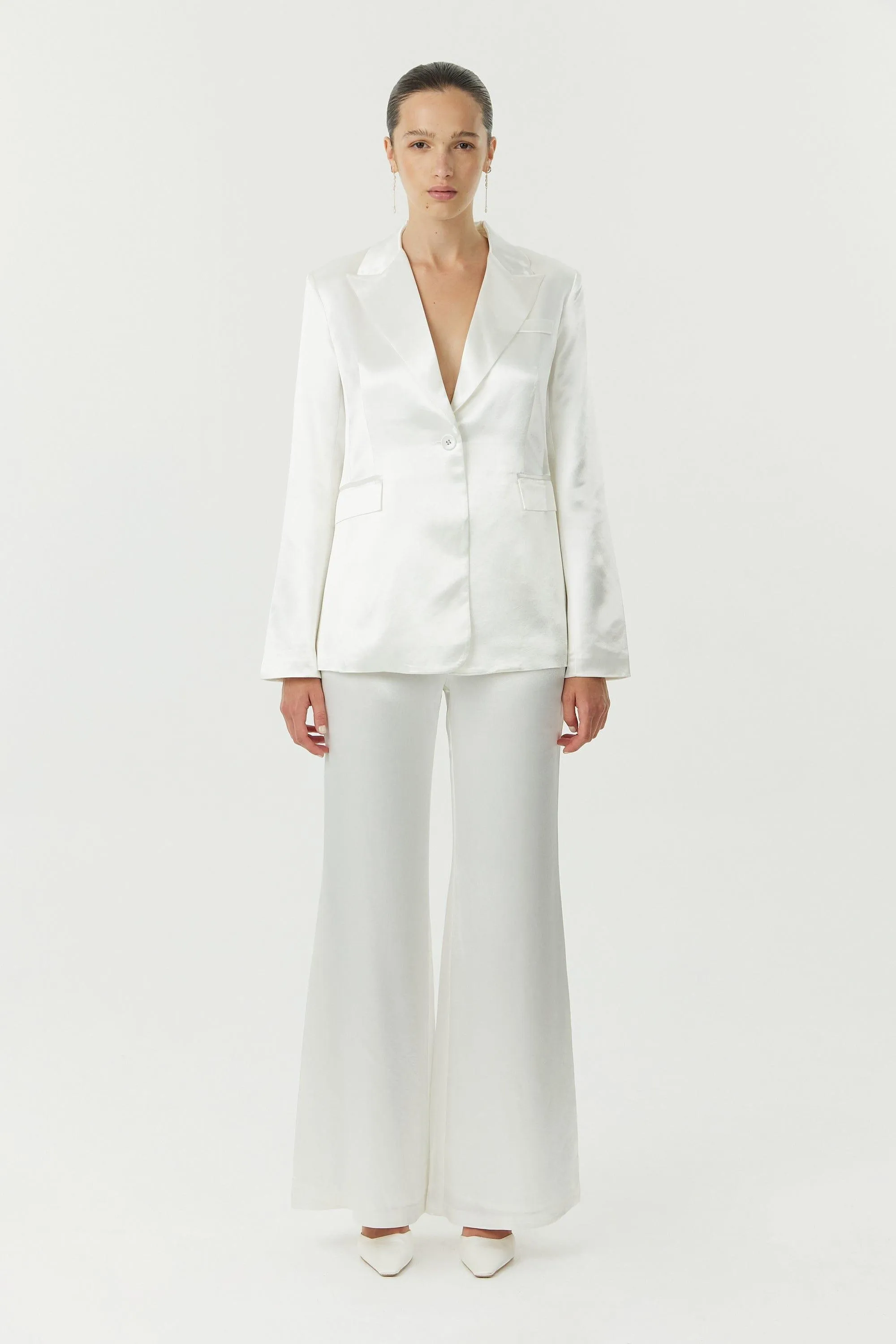 SATIN FLARE TROUSER | POWDER WHITE