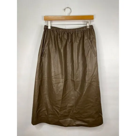 SEA New York Brown Elastic Waist Faux Leather Midi Skirt Women's Size Large GUC